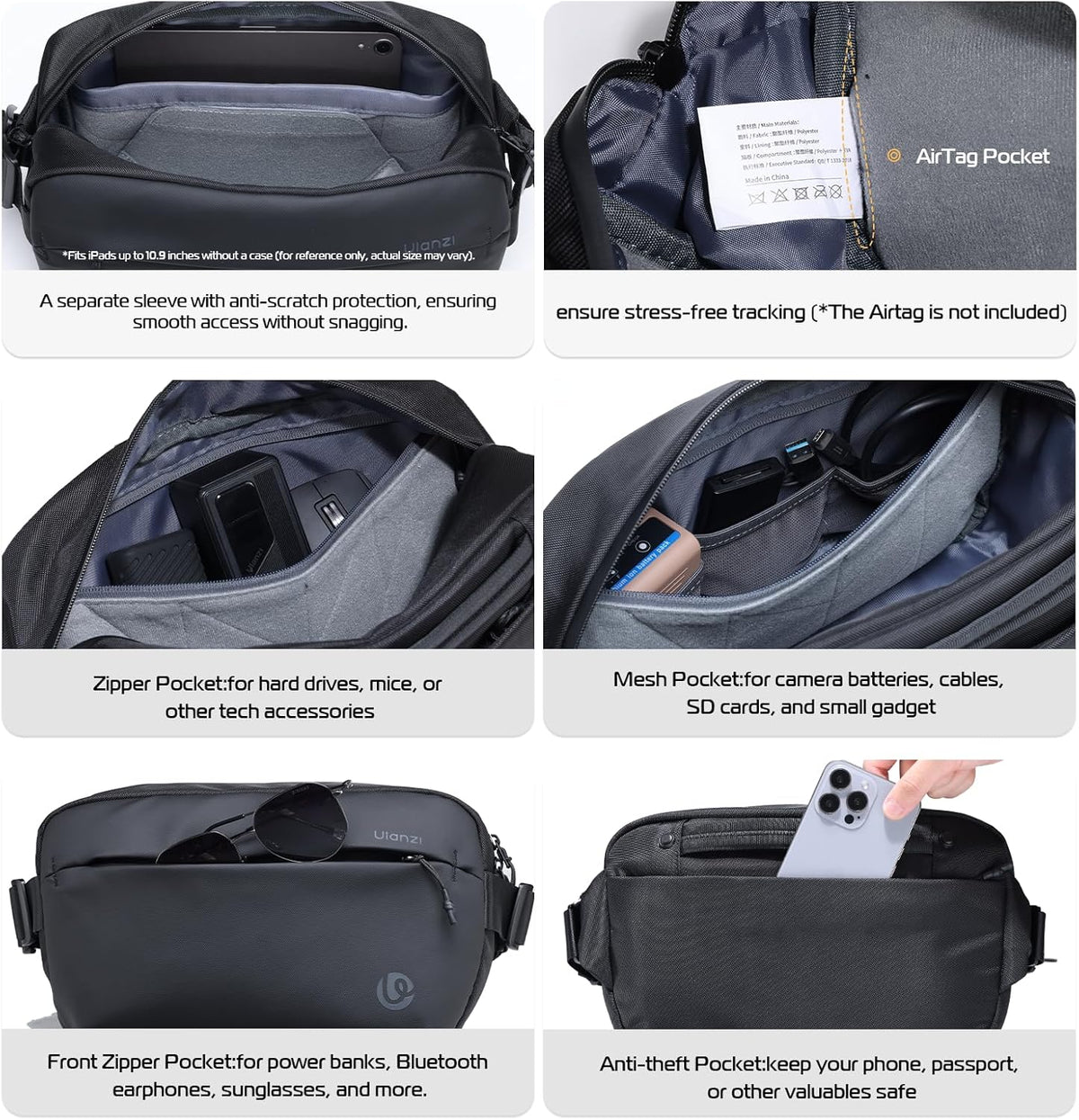 ULANZI Camera Sling Bag, Water-Resistant Camera Case with Tripod Holder, DSLR/SLR/Mirrorless Camera Bags Crossbody for photographers - Black