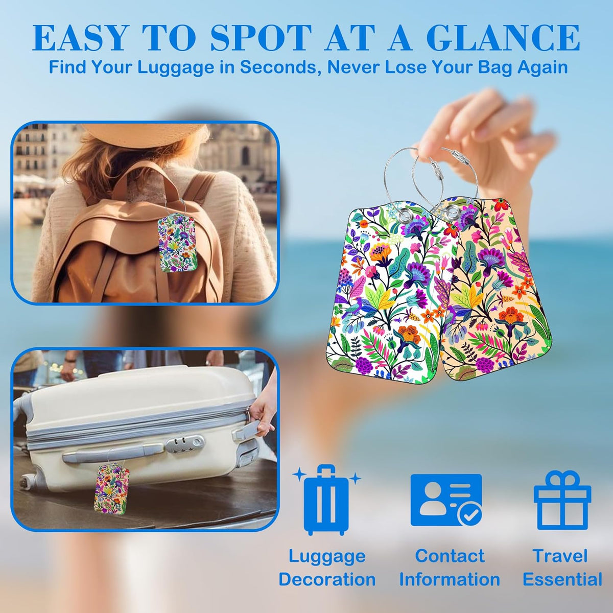 Colorful Flowers and Tropical Leaves Luggage Tags for Suitcases Leather Travel Tags for Luggage ID Label with Privacy Cover and Stainless Steel Loop for Men Women Suitcase Backpack, Set of 2