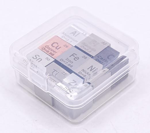 0.39" 10mm 9 Pack Element Cube Set Engraved Density Up to 99.99% Pure Metal Cubes Periodic Table Science Education Collection - Aluminium Bismuth Carbon Copper Iron Nickel Zinc Titanium Tin