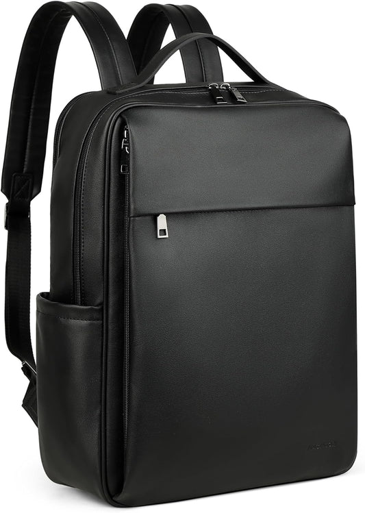 MASINTOR 15.6 inch PU Leather Laptop Backpack Purse for Women, Large College Casual Backpack Travel Bag Black