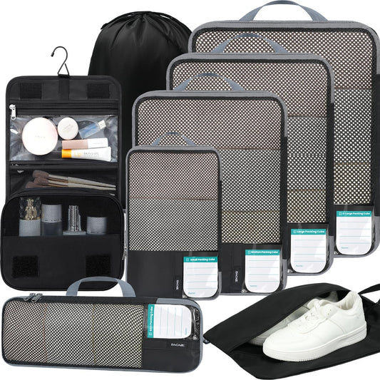BAGAIL 4 Set/6 Set/8 Set Compression Packing Cubes Travel Accessories Expandable Packing Organizers (Half Mesh, 8-Jet Black)
