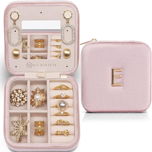 Vlando Teacher Must Haves, Personalized Initial Jewelry Case, Back to School Gift for Teacher, Teacher Appreciation Gifts, Teachers Day, Teacher Travel Jewelry Case with Initial - Letter E, Pink