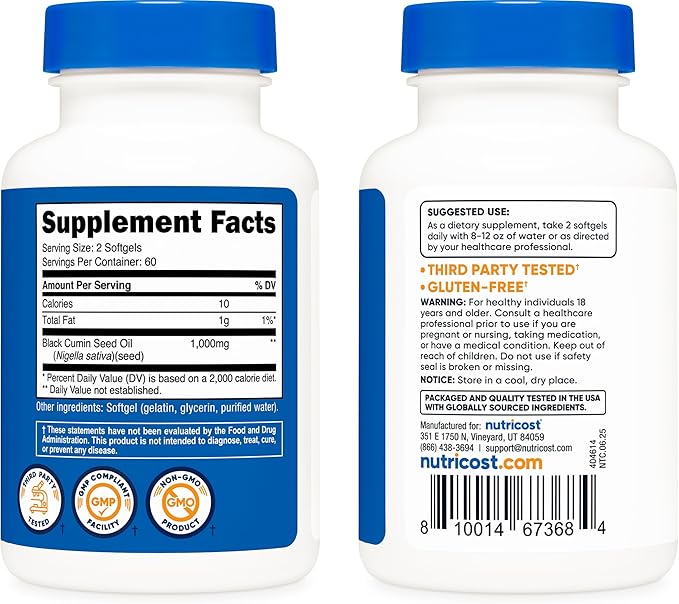 Nutricost Black Seed Oil (Cumin) - Cold Pressed, Source of Omega 3 6 9-120 Softgels, 1000mg Per Serving, 60 Servings - Non-GMO and Gluten Free