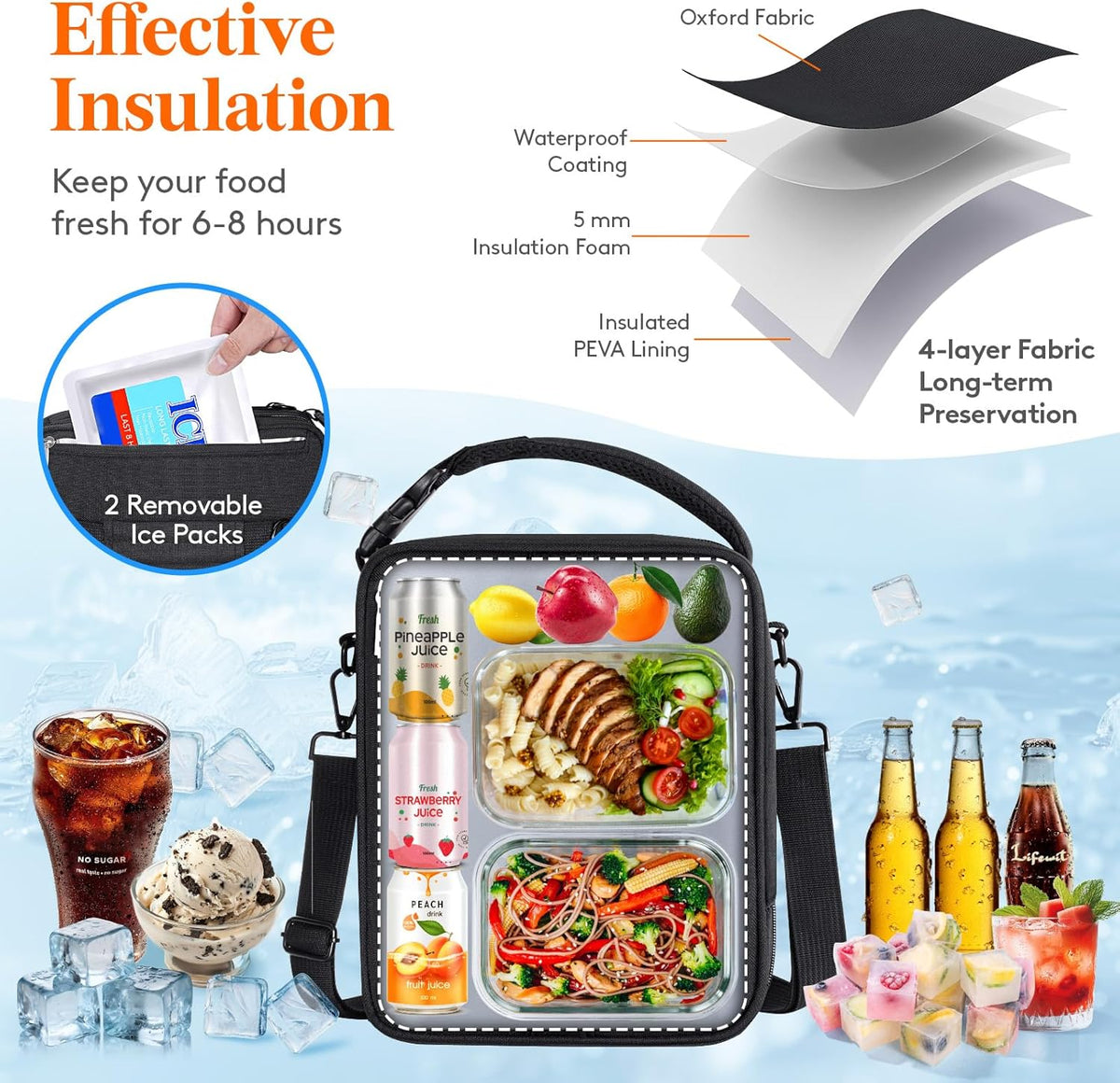Lifewit Insulated Lunch Box for Men, Expandable Cooler Bag, Freezable Lunch Bag for Women with 2 Ice Packs and Shoulder Straps for Work Travel College, 12L Black