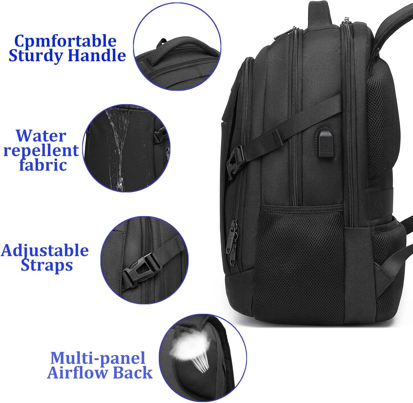 DUSLANG Travel Work Laptop Backpack With USB Charging Charger Port Fits 15.6 Inch Notebook Business Anti Theft College Computer Bag Back Pack for Women Men with Rain Cover - Black