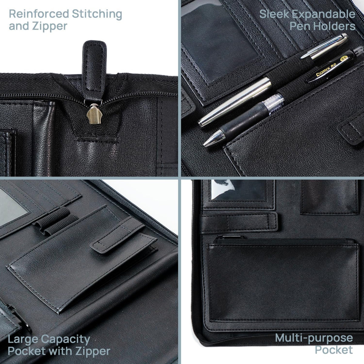 POPRUN Portfolio Binder with Zipper, Leather Padfolio Document Organizer with Storage, Professional Business Briefcase ideal for Meeting Presentation Work-Includes 50 Sheet Writing Pad, Black
