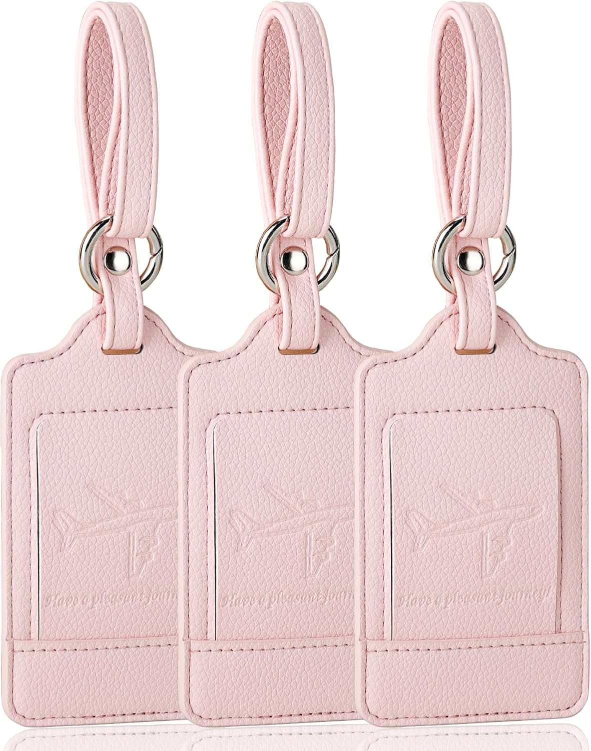 Teskyer Luggage Tags, 3 Pack Premium PU Leather Luggage Tags for Suitcases, Privacy Protection Travel Bag Tags, Lichee Light Pink