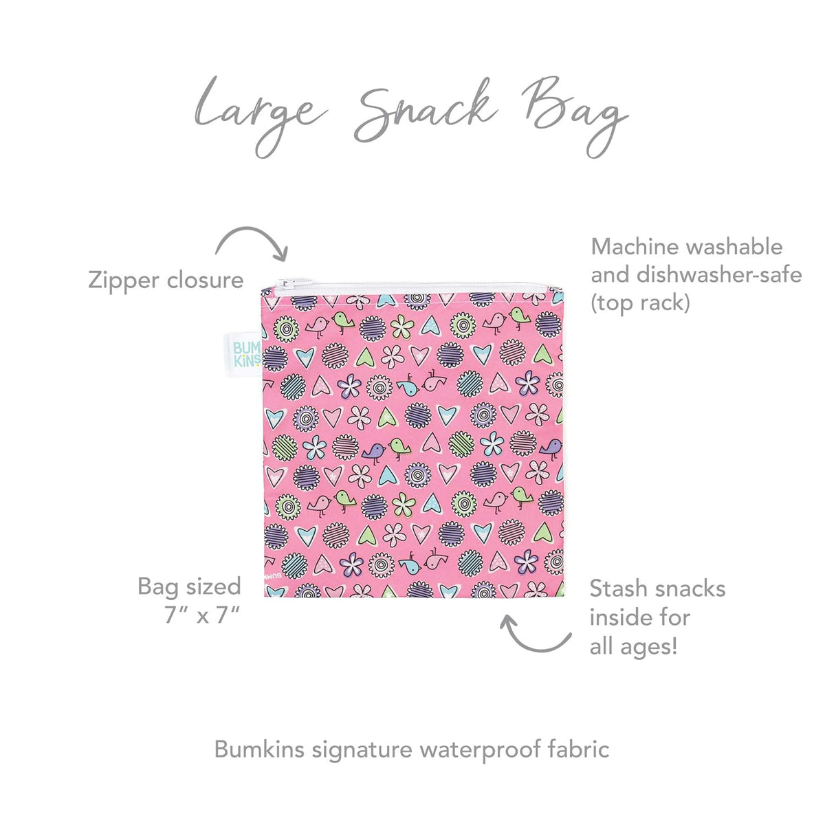 Bumkins Reusable Sandwich and Snack Bags, for Kids School Lunch and for Adults Portion, Washable Fabric, Waterproof Cloth Zip Bag, Travel Pouch, Food-Safe Storage, Large, Love Birds Pink
