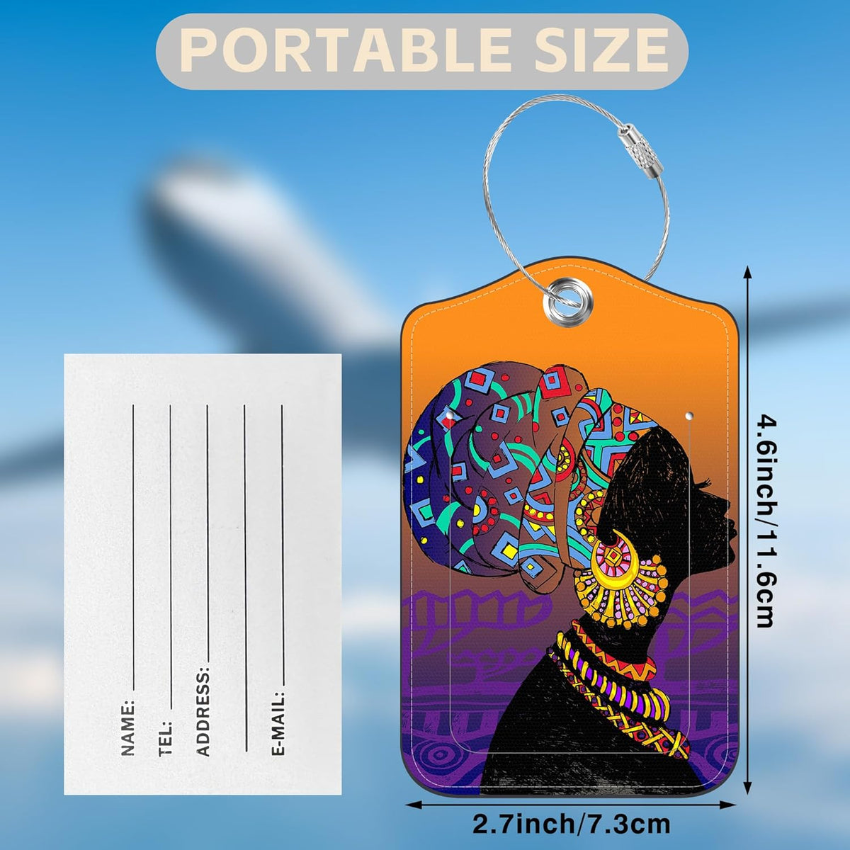 Set of 2 Luggage Tags for Suitcases Silhouette of African Woman Leather Suitcase Tags Identifiers with Privacy Name Address Label and Stainless Steel Loop for Women Men Travel Luggage Accessories