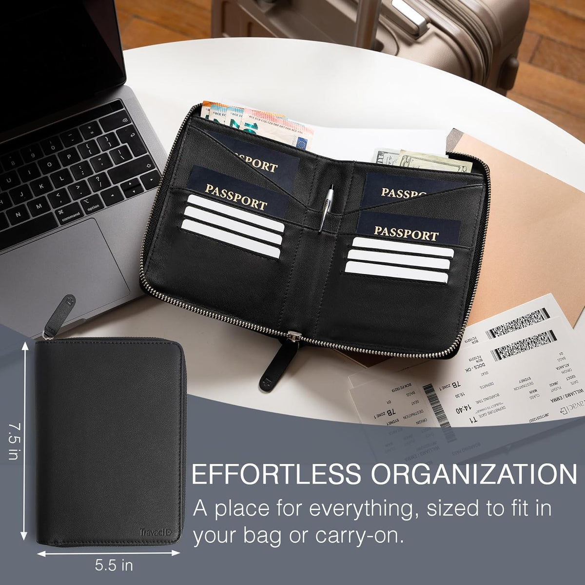 Full Grain Leather Family Passport Holder for 2-4 Passports - RFID Passport Holder and Travel Document Organizer - Large Leather Travel Wallet for Couples and Families - Black