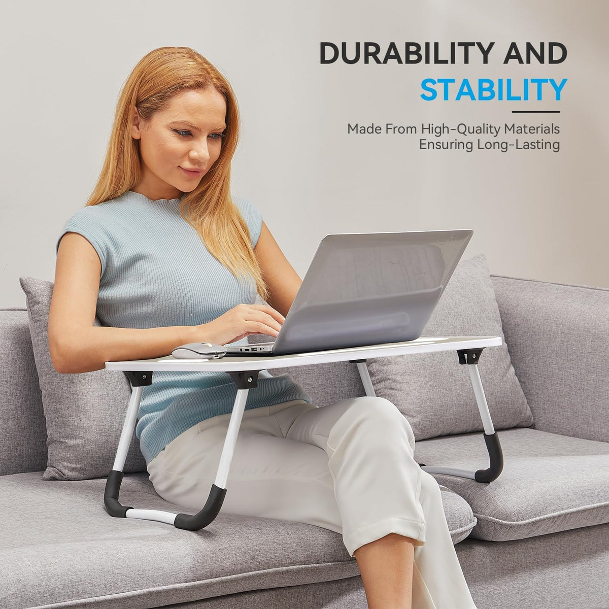 BUYIFY Folding Lap Desk, 23 Inch Portable Wood Brown Laptop Bed Desk Lap Desk with Cup Holder, for Working Reading Writing, Eating, Watching Movies for Bed Sofa Couch Floor