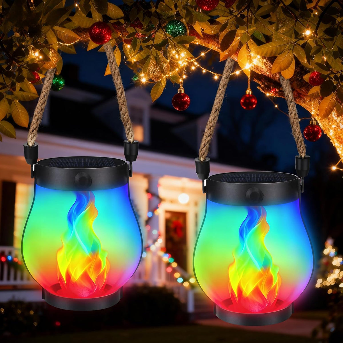Christmas Solar Flame Lanterns Hanging Outdoor Waterproof - 2 Pack Flame Lanterns with Dual Charging Modes of Solar & USB for Garden or Yard Christmas Decorations (Multicolor - 2 Pack)