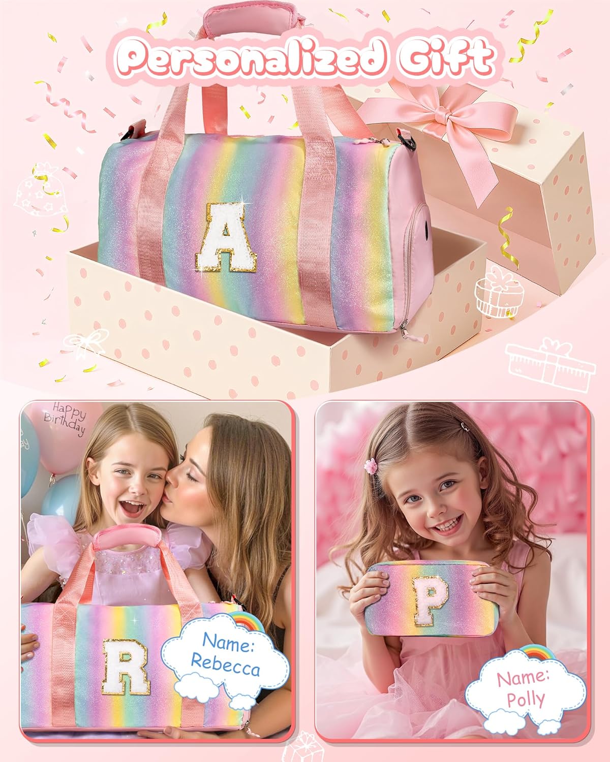 Valentines Day Gifts for Her-Girl Gym Bag with Shoe Compartment, Kid Personalized Weekender Overnight Bags, Initial Travel Tote with Makeup Pouch, Girls Kids Easter Gift (Letter V)