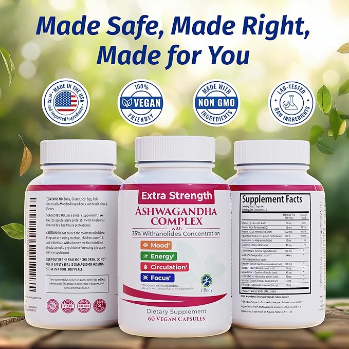 100% Natural Shoden Ashwagandha Complex Supplement - Ultra High Potency 35:1 Concentrated Root Extract for Sleep & Energy Support - Vegan, Non-GMO - 60 Capsules