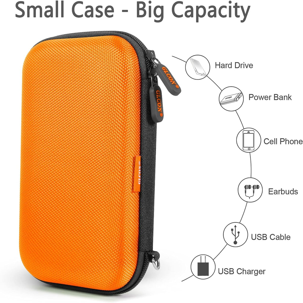 Orange Shockproof Hard EVA Carrying Case Travel Pouch for External Hard Drive, Power Bank, Cell Phone, Cable, Cord - Portable Small Electronic Accessories Organizer Storage Zipper Pouch