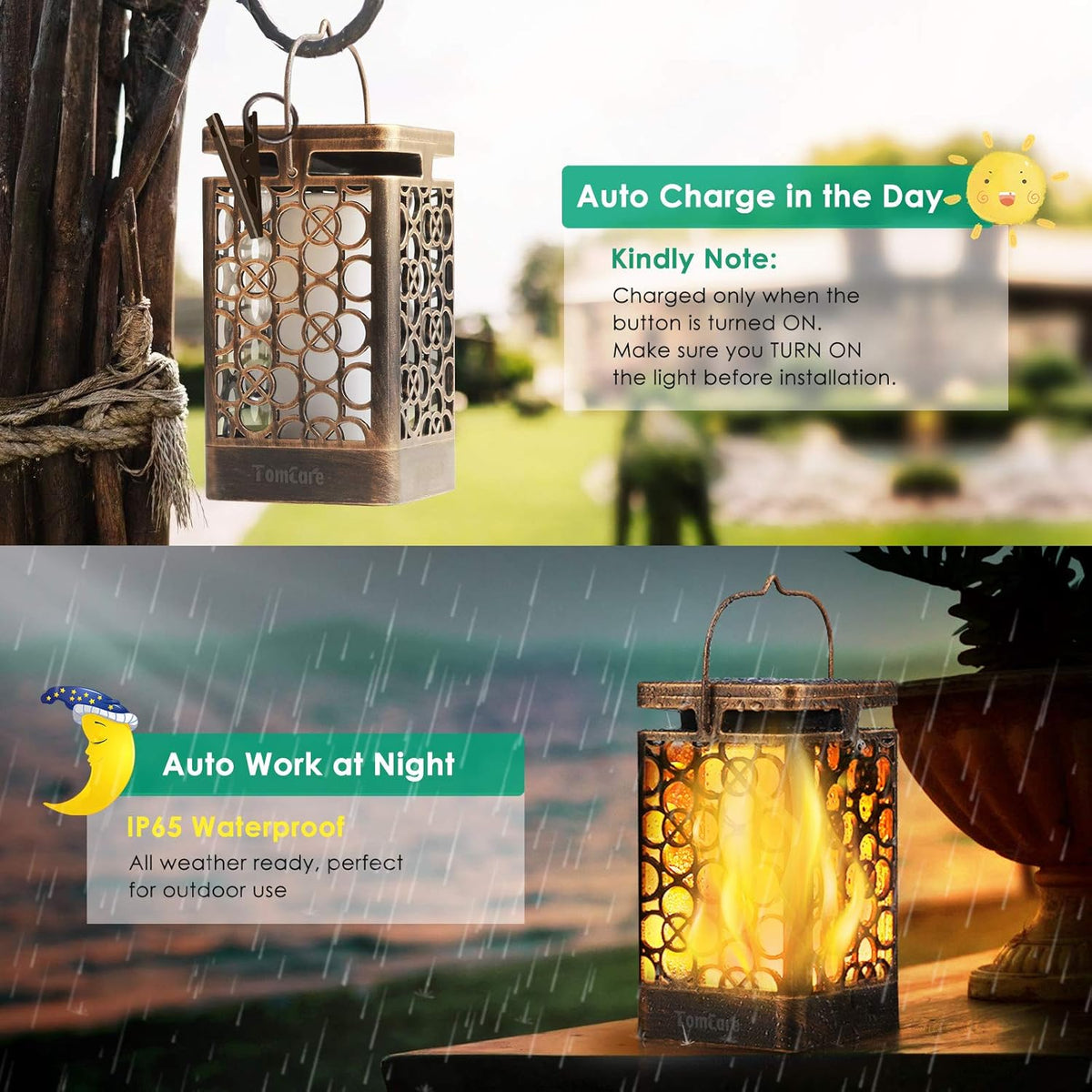 TomCare Solar Lights Upgraded Solar Lantern Flickering Flame Outdoor Hanging Lantern Decorative Lighting Solar Powered Waterproof LED Flame Umbrella Lights for Patio Garden Deck, 2 Pack(Bronze)