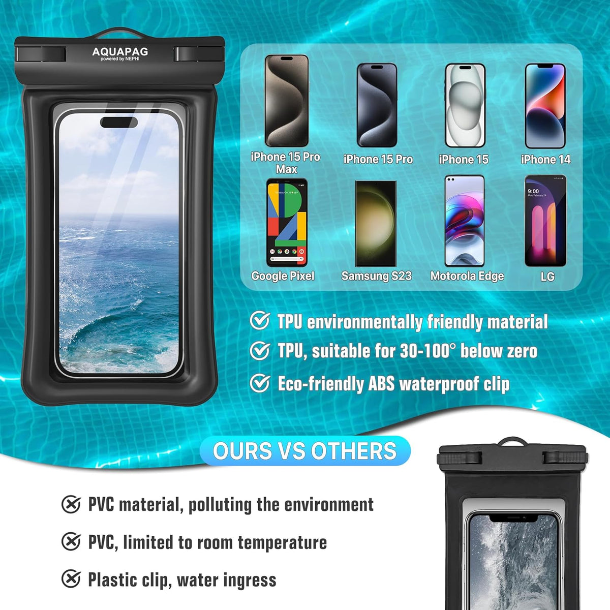 NEPHI IP68 Waterproof Phone Pouch 2 Pack-Up to 7.0"，Adjustable Neck Lanyard Floating Waterproof Phone Case for iPhone,Phone Dry Bags for Vacation Beach Pool Travel Essentials (Black Green 2 Pack)