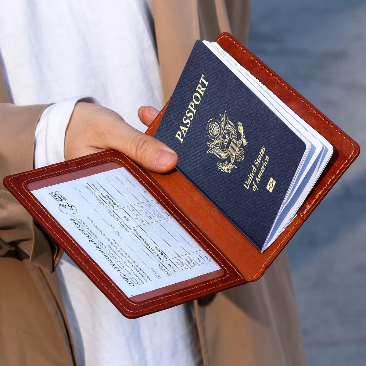 TIGARI Passport Holder for Travel Women Men, PU Leather Passport Wallet Cover Case Sleeve, Waterproof Protected Document Organizer, Family Vacation Plane Cruise Travel Essentials-Brown