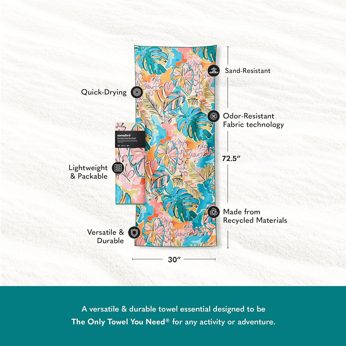 Nomadix Original Towel - Perfect for Beach, Pool, Travel, Camping, Yoga - Made with Recycled Materials - Super Absorbent - Sand Resistant - Jungle - 72.5x30