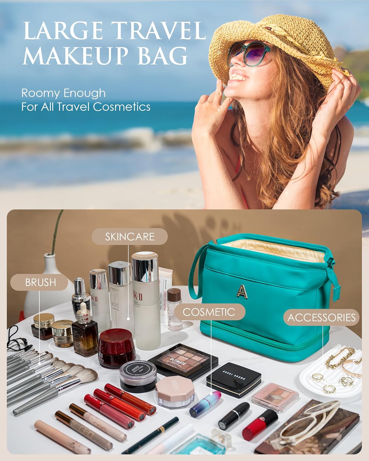 Gifts for Females, Birthday Gift for Her, Makeup Bags, Waterproof Double Layer Cosmetic Bag, Large Capacity PU Leather Makeup Bags Letter Travel Toiletry Bag, Initial Gifts for Coworkers
