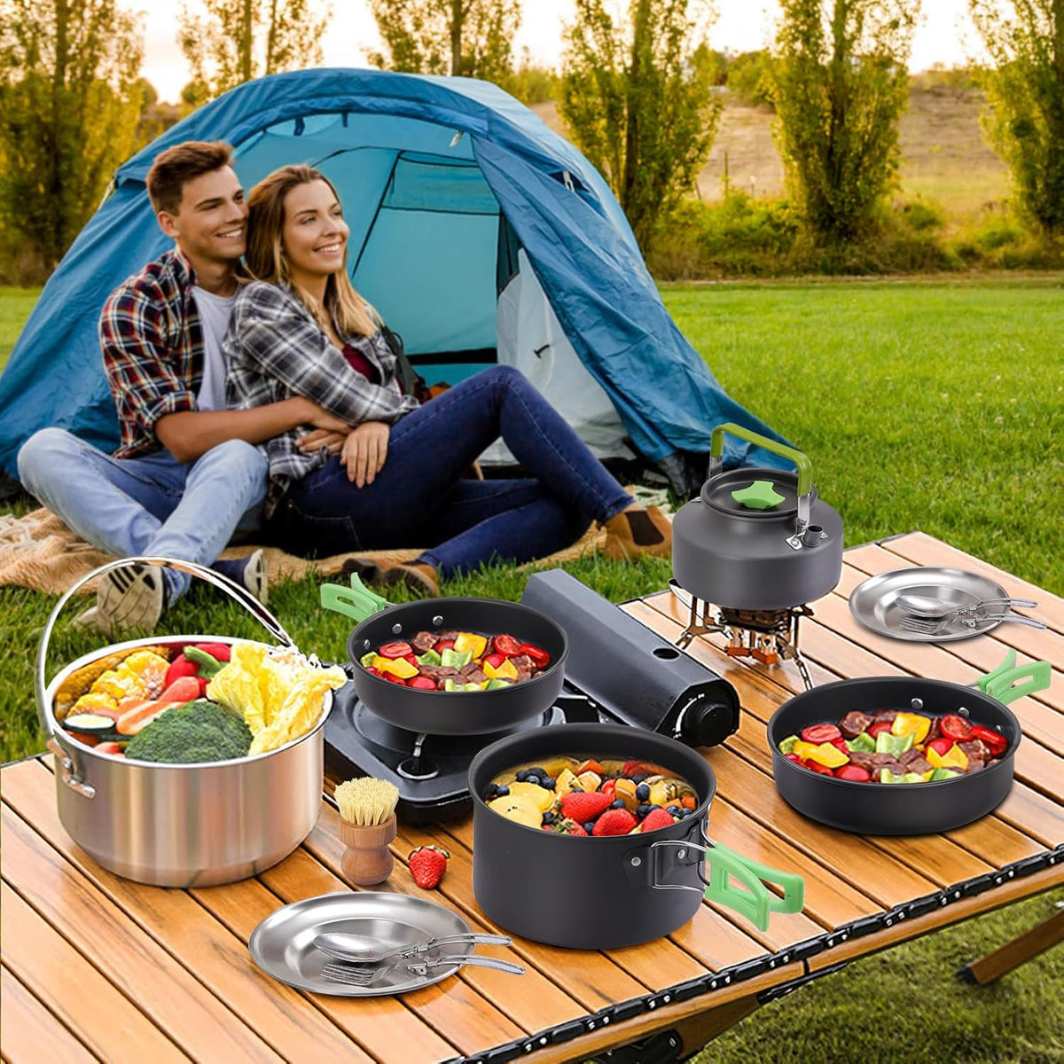 PELLOR Camping Cookware Set, 17pcs Portable Camping Mess Kit with Non-Stick Aluminum Pots, Pans Set and Folding Fork, Lightweight Backpacking Camping Gear for Outdoor/Camping/Picnic/Hiking