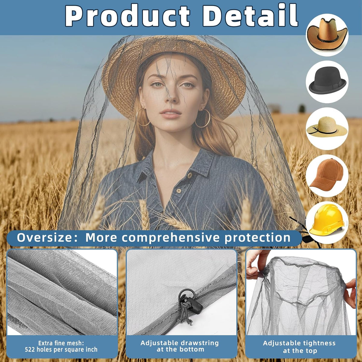 Oversized Mosquito Net 42 x 25 Inches Ultra Large Mosquito Head Net Face Neck Fly Mesh Netting Fits All Hats for Outdoor Camping Hiking Fishing Gardening Safari(Gray)