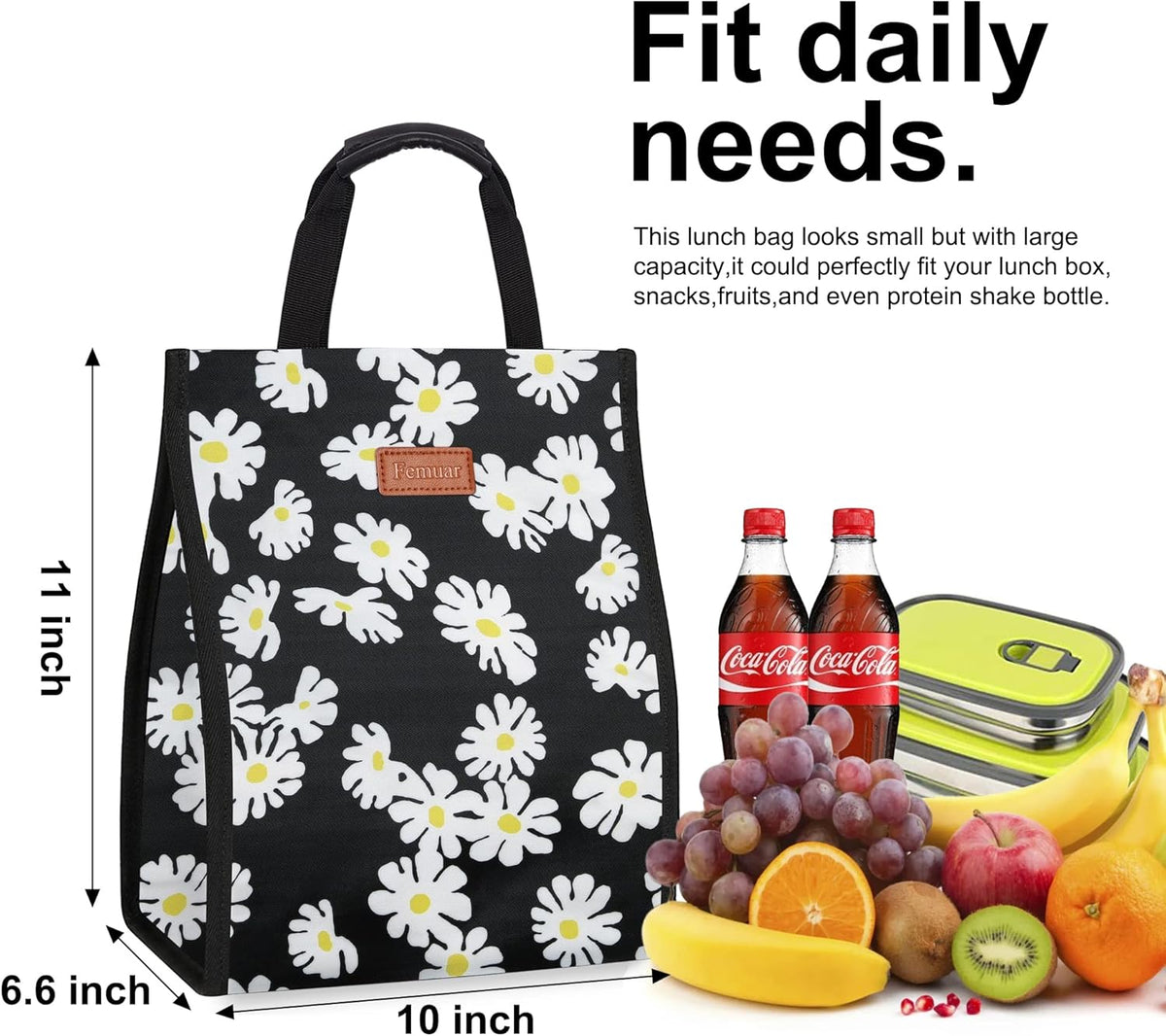 Lunch Bags for Women Insulated Reusable Lunch Tote with Internal Pocket, Lunch Tote bag for Work（Daisy）