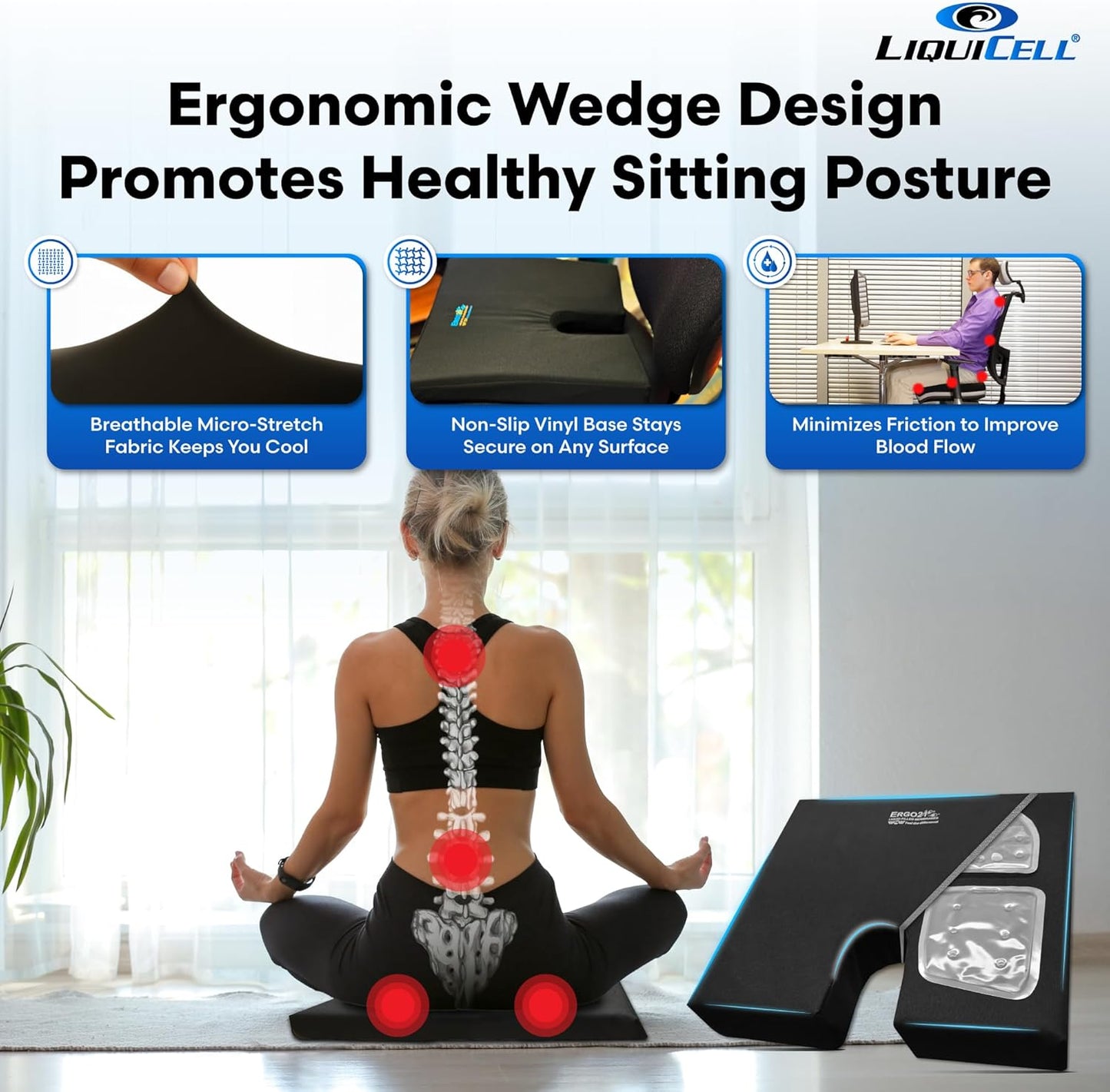 LiquiCell Coccyx Seat Cushion, Aid for Tailbone Pain Relief, Sciatica Pain, Back Support | Donut Like Butt Pillow for Long Hours Sitting at Home/Office Chair (18" W x 17" L x 2" H)