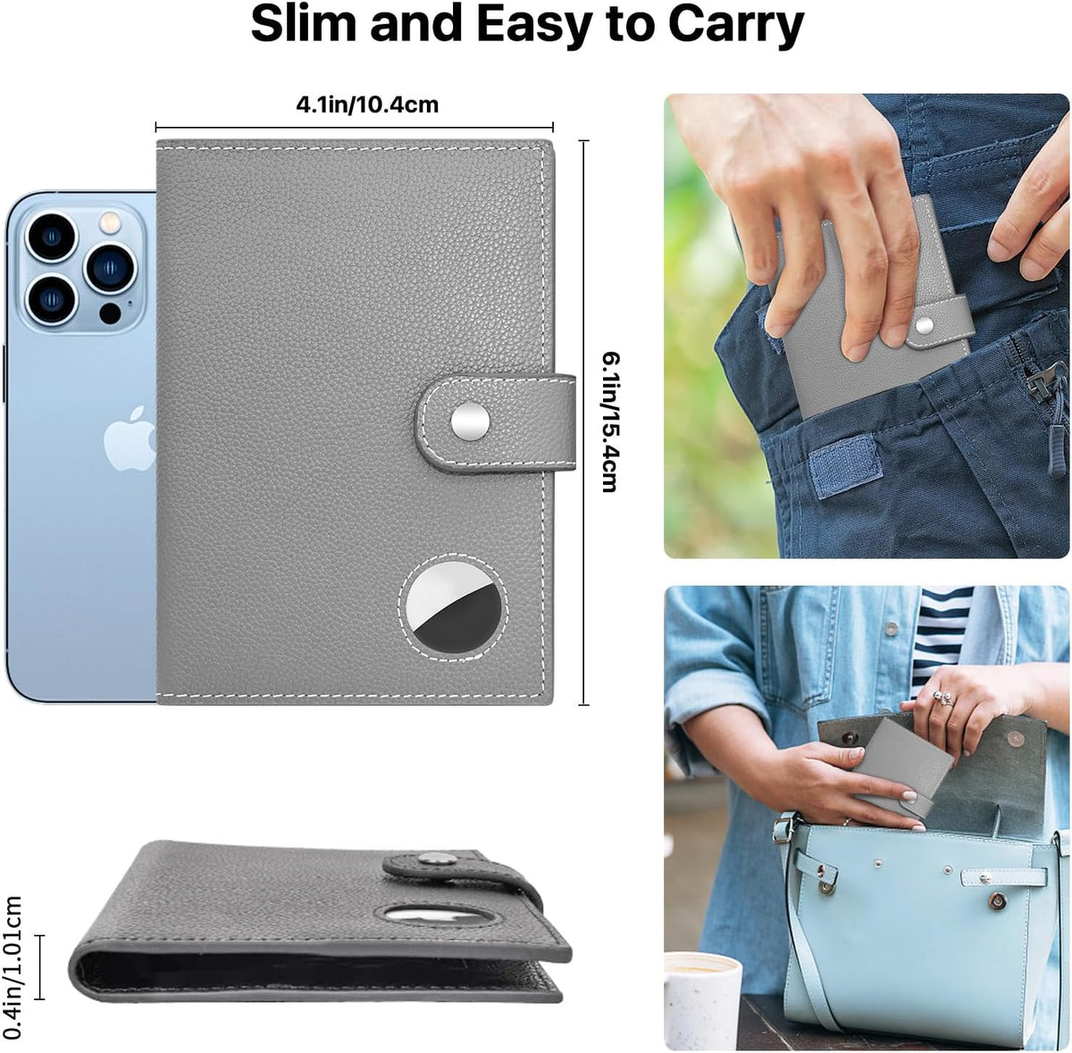 Genuine Leather Passport Holder, RFID Blocking Travel Wallet for Men/Women, Stylish Passport Cover with Airtag Slot, Durable Passport Wallet case travel essentials (Gray)