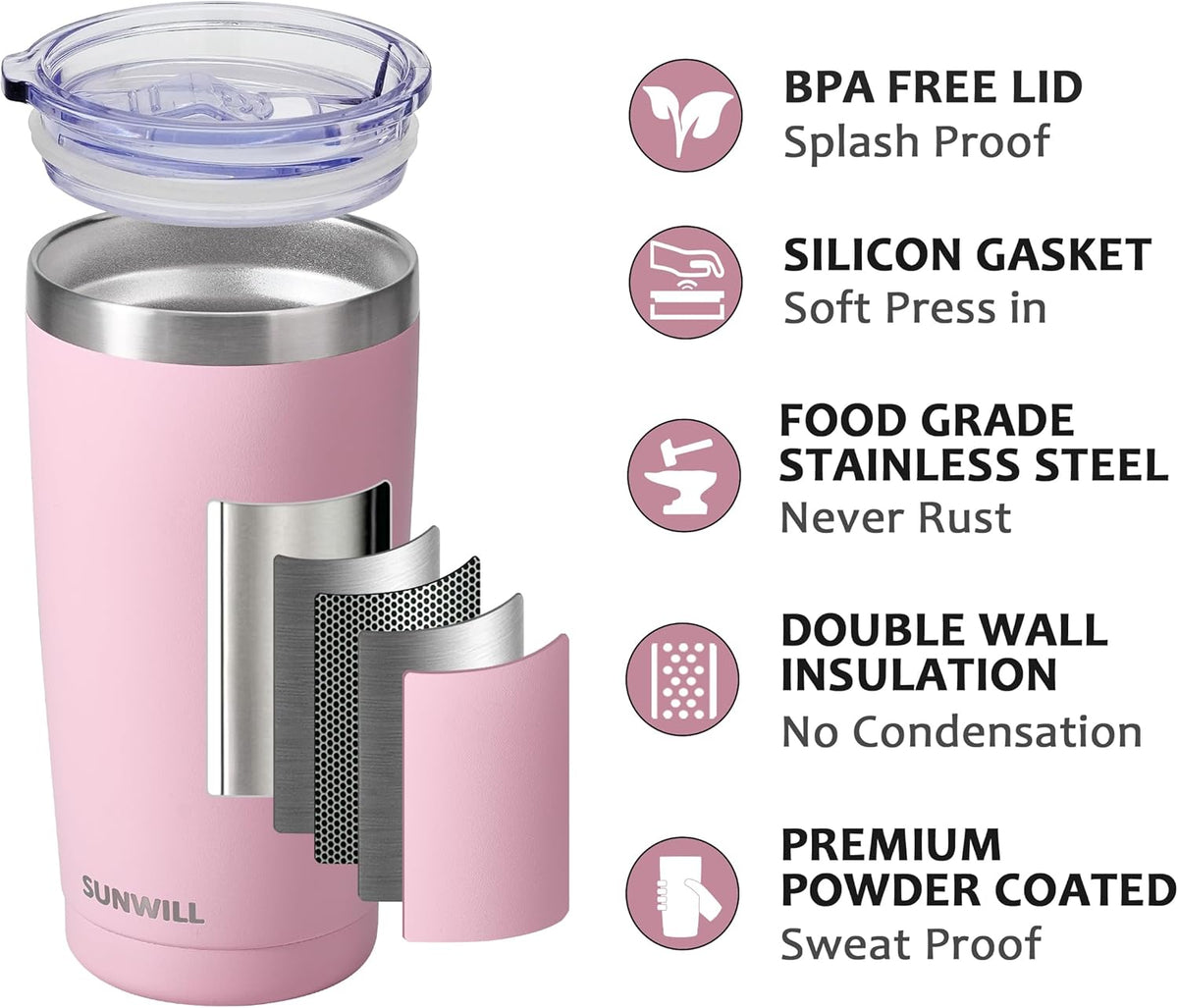 SUNWILL Travel Coffee Tumbler 20 oz, Insulated Mug with Lid, Stainless Steel Cup for Hot and Cold Drinks, Powder Coated Sakura