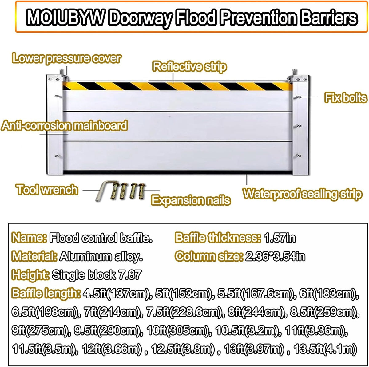 Reusable Flood Barrier, 3/4/5/6/7/8/9/10/11/12/13ft Long Heavy Duty Aluminum Water Barrier Shield for Sliding Glass Door/Driveway/Home Doorway, Removable Stopper Shield with Rubber(H 0.6ft
