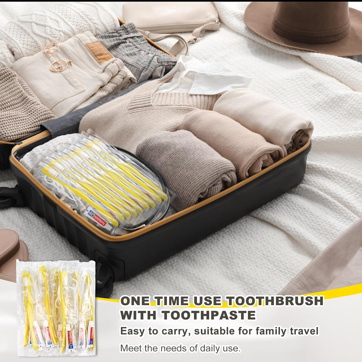 50 pcs Disposable Toothbrushes with Toothpaste and Floss,Yellow Bulk Single Use Toothbrush Floss Pick Individually Wrapped Disposable Travel Toothbrushes Kit for Homeless,Airbnb,Hotel,Guest