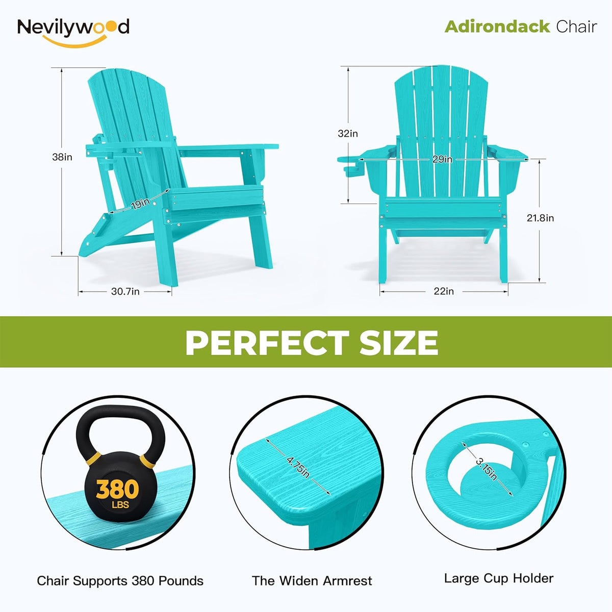 Folding Adirondack Chair - Extended Ergonomic Backrest, Cup Holder - Easy Assembly - Durable HDPE Plastic, Weather Resistant & Maintenance-Free - Lawn, Patio, Deck Supports 400lbs Aruba