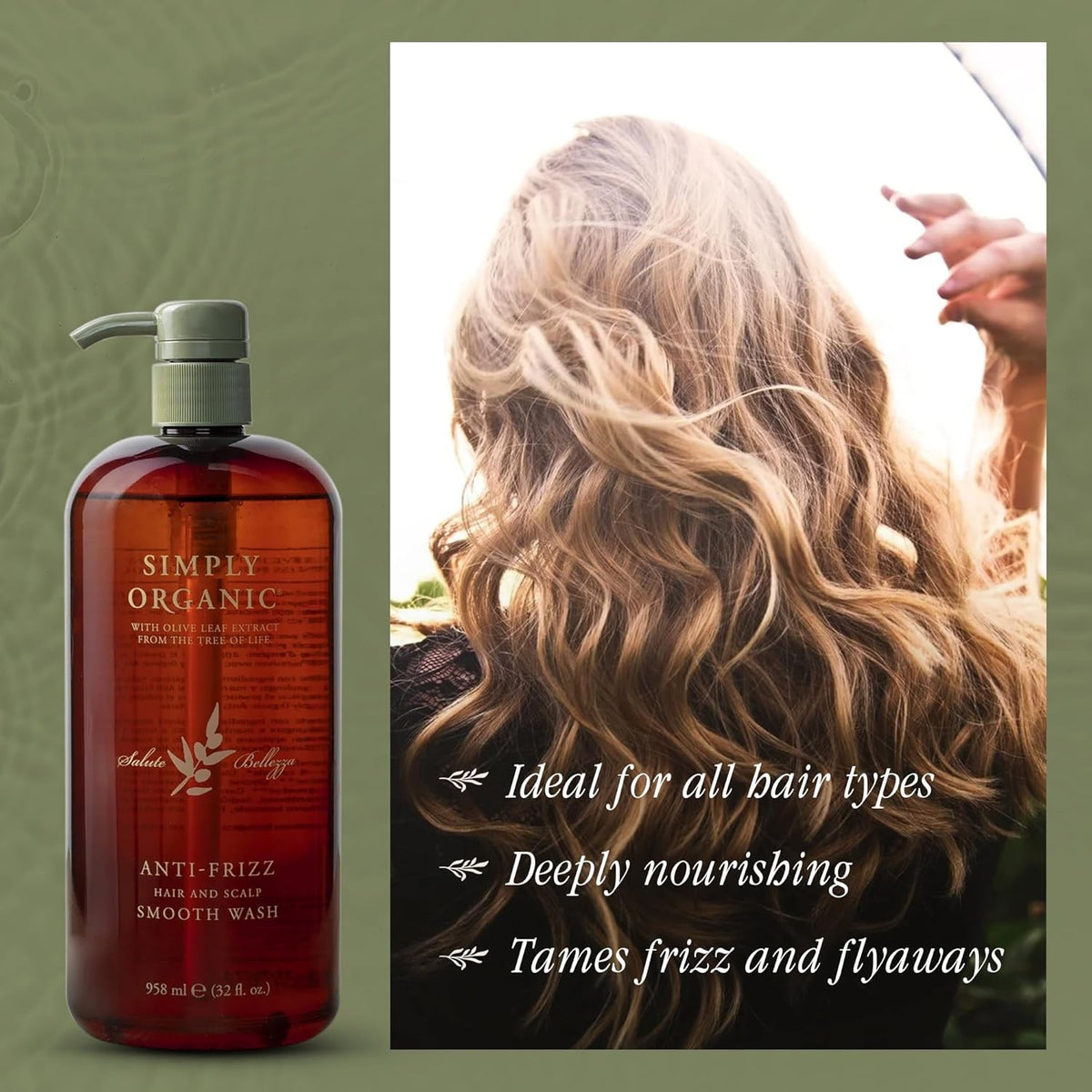 SIMPLY ORGANIC Frizz Control Hair Shampoo Scalp Wash Made in Italy, All Natural Cruelty Free Hair Care for Women & Men with Aloe Leaf Juice & Olive Leaf Extract, 32 fl oz/958 ml, ANTI-FRIZZ
