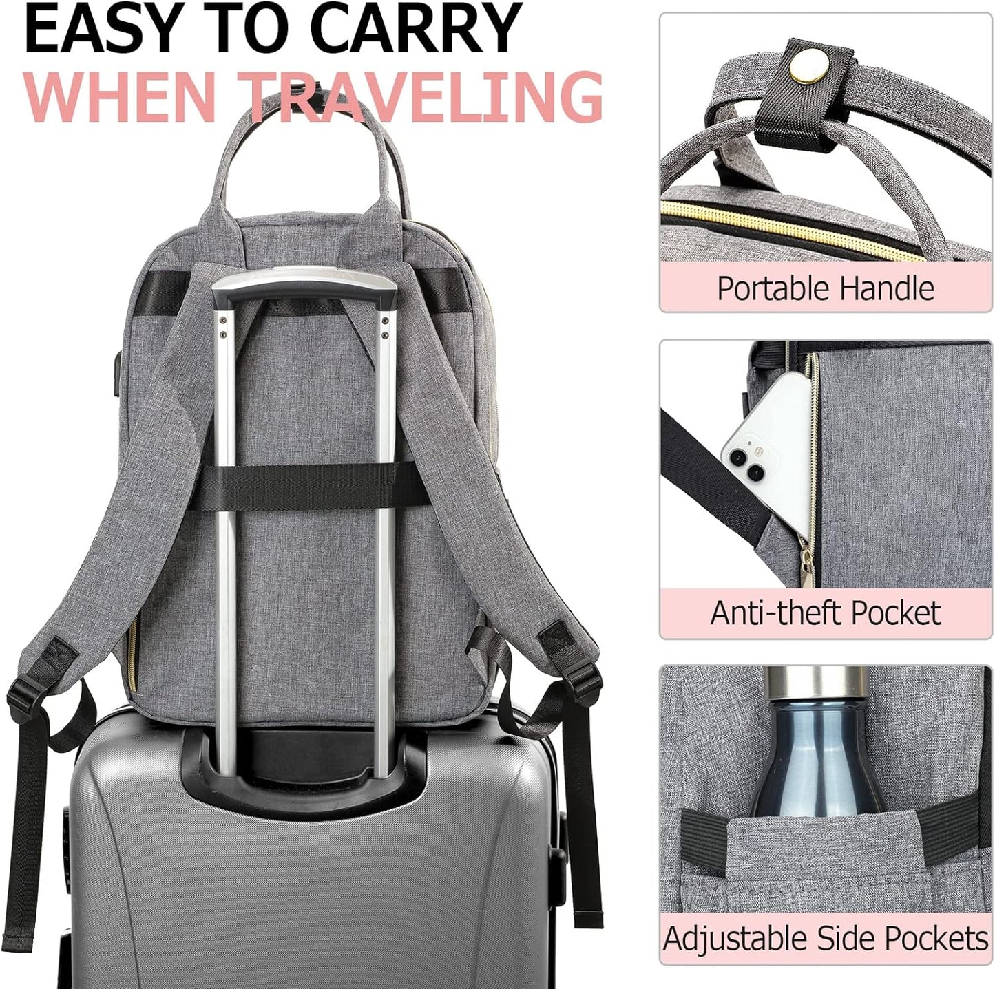 Travel Backpack for Women, 15.6 Inch Work Laptop Backpack, Water Resistant Backpack for Business with USB Charging Port, Anti-theft Student Teacher Bookbags, Large Daypacks for Women, Grey