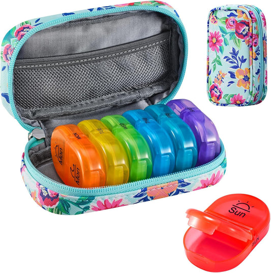 Serfeymi Weekly Travel Pill Organizer 2 Times A Day AM PM Upgraded Rainbow Pill Box 7 Day with Portable Zipper PU Leather Pill Case, Medicine Organizer for Pills, Vitamins, Fish Oils - Green-01