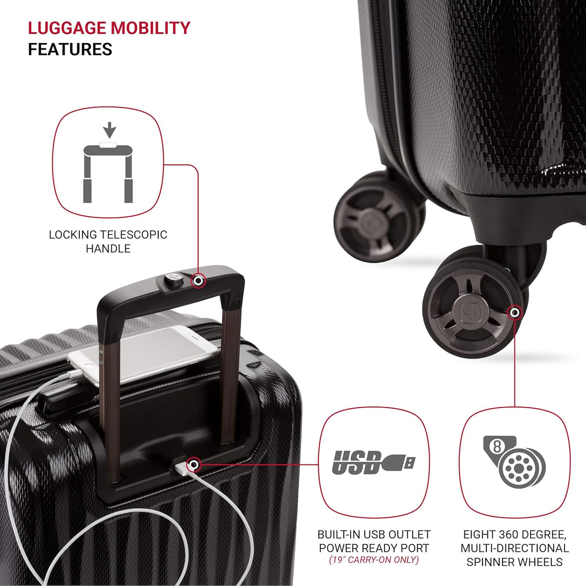 SwissGear 7272 Energie Expandable Hardside Luggage with Spinner Wheels and TSA Lock, Black, 3-Piece Set (19/24/27)