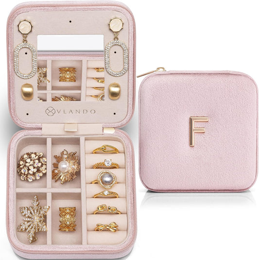 Vlando Jewelry Box for Aunt Gifts from Niece Nephew, Birthday Gifts for Aunt Auntie, Unique Gifts for Aunt Auntie Travel Jewelry Case, Auntie Gifts for Wedding Anniversary - Letter F, Pink