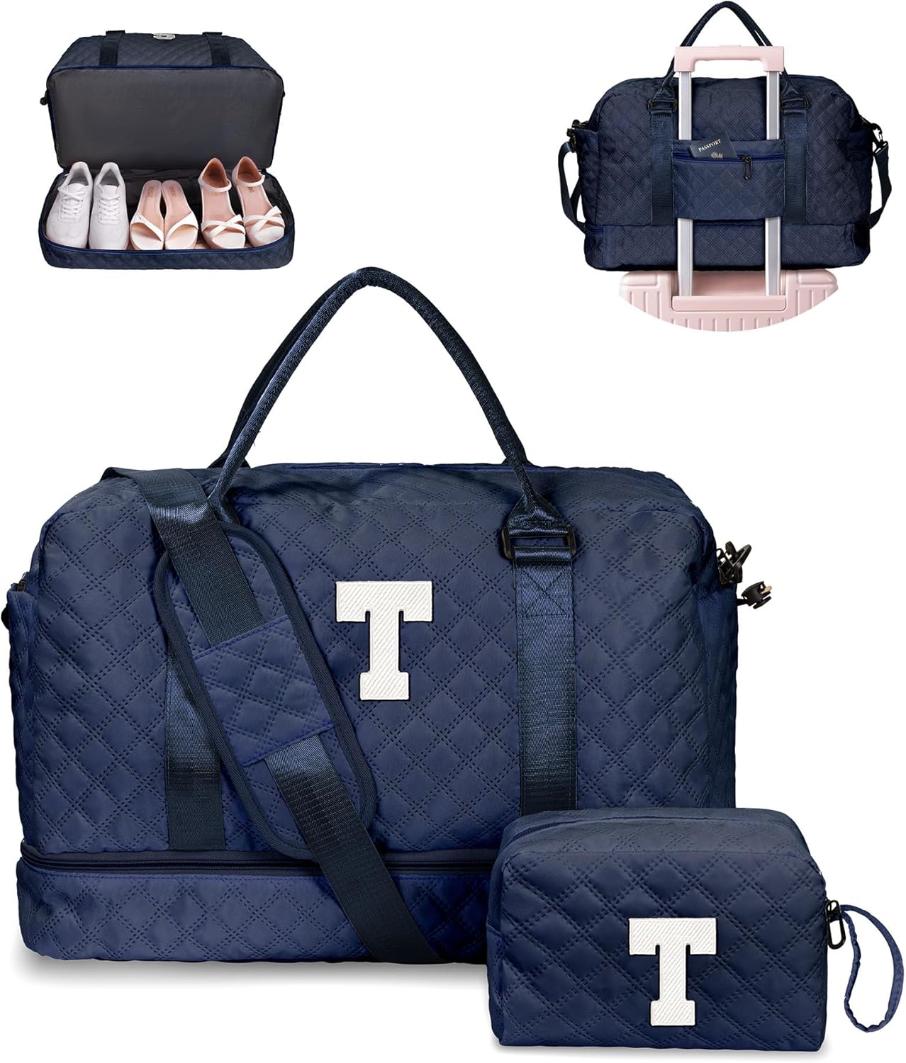 Gifts for 9 10 11 12 13 14 15 16 17 Year Old Girls-Duffle Bag with Shoe Compartment, Personalized Weekender Bag, Travel Bag with Makeup Bag，Birthday Gifts for Women Friendship (Letter T)
