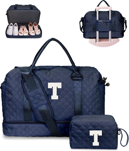 Gifts for 9 10 11 12 13 14 15 16 17 Year Old Girls-Duffle Bag with Shoe Compartment, Personalized Weekender Bag, Travel Bag with Makeup Bag，Birthday Gifts for Women Friendship (Letter T)