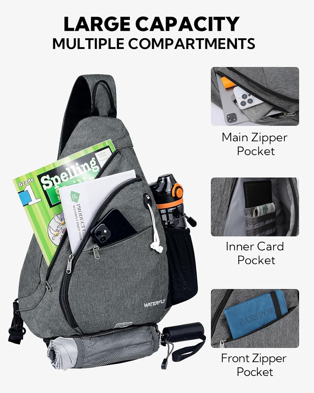 WATERFLY Large Crossbody Sling Bag: Over Shoulder Backpack Daypack Casual Cross Chest Side Pack