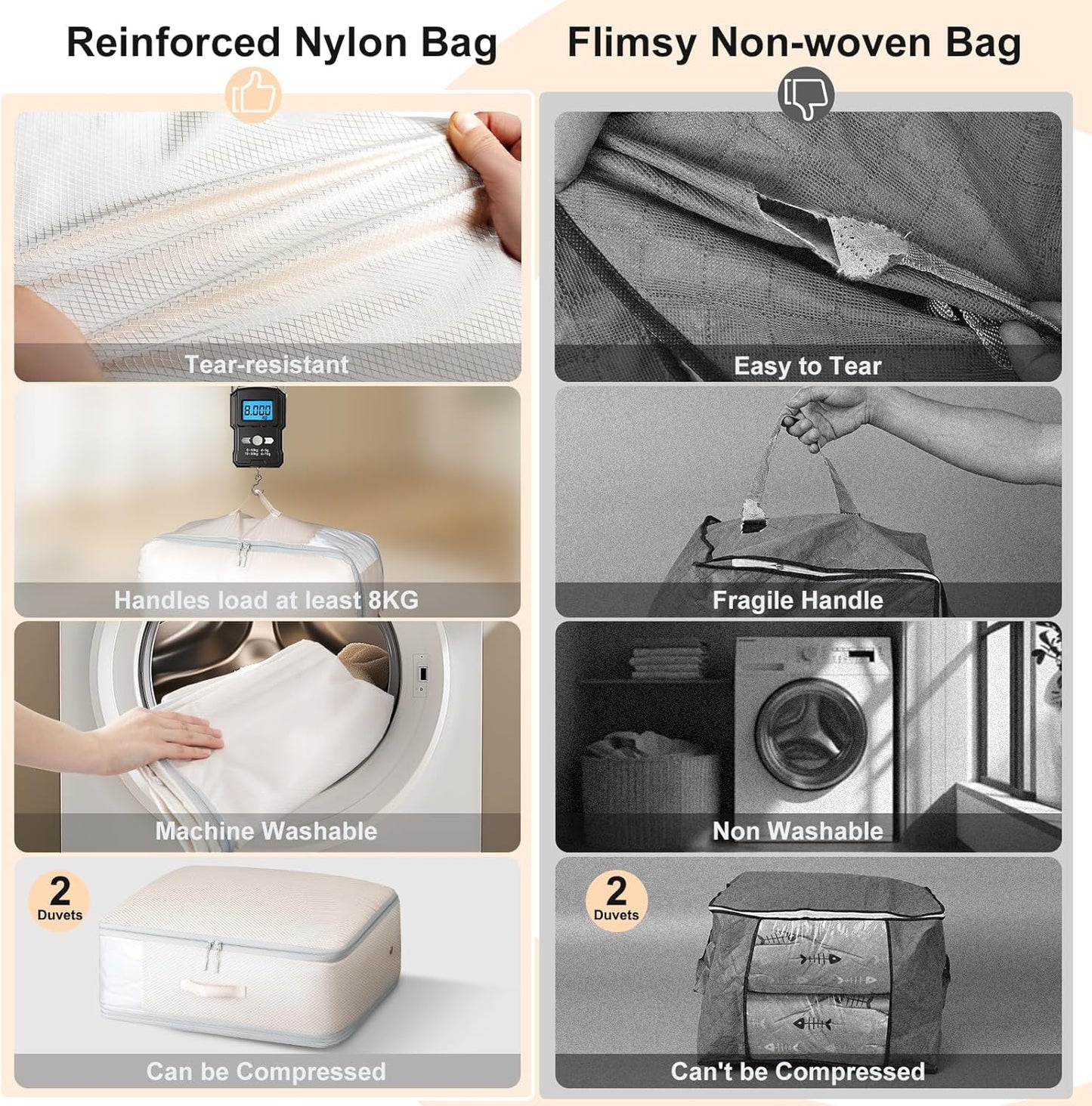 Comforter Storage Bag - Large Capacity Blanket Storage Bags 3-Layer Ultra Space Saving Self Compression Organizer, Washable Compression Bags for Storage Comforter Blanket, 6-Pack, Beige