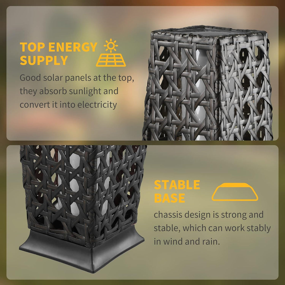 Solar Floor Lamp, Outdoor Floor Lamp Lanterns Outdoor Waterproof, Solar Powered Resin Wicker Lamp, Weather-Resistant Rattan Deck Light for Porch, Garden, Patio
