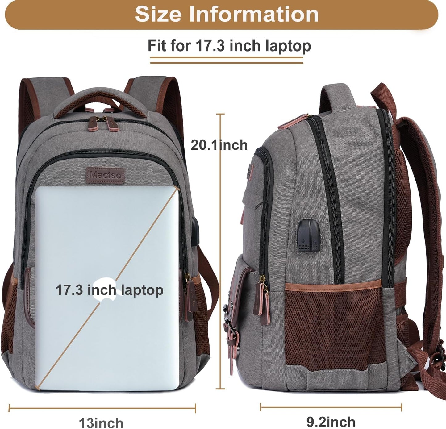 Mactso Canvas Travel Laptop Backpack for Men Women, Business Work Rucksack College Computer Bag Fits 17.3 Inch Notebook,Bookbag with USB Charging Port (Grey, 17.3 Inch)