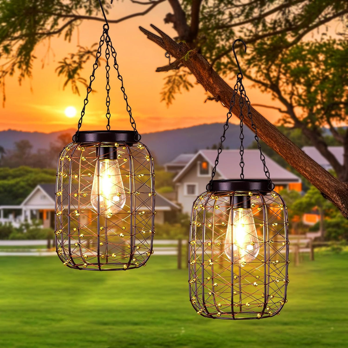 Hanging Solar Lanterns Outdoor Waterproof, Vintage Copper Hanging Lantern Lights for Outside, Solar Chandelier Outdoor Idea for Yard Garden Pathway Gazebo Pergola Porch Decor, 2 Pack