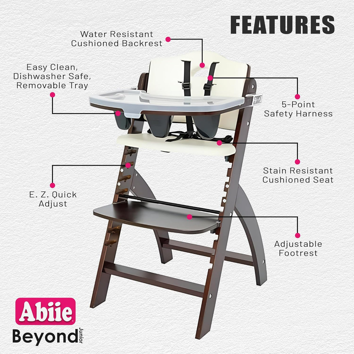 Abiie Beyond Junior Wooden High Chair with Tray - Adjustable and Convertible High Chair for Babies and Toddlers - 6 Months to 250 Lb - Water Resistant - Mahogany Wood/White Cushion