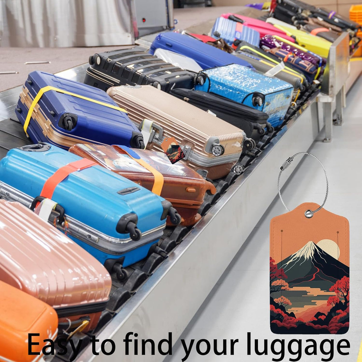 Mount Fuji 2-Pcs Premium Leather Tags with Privacy Covers,Luggage Tag Stainless Steel Loops Ideal for Suitcases, Travel Bags, Backpacks