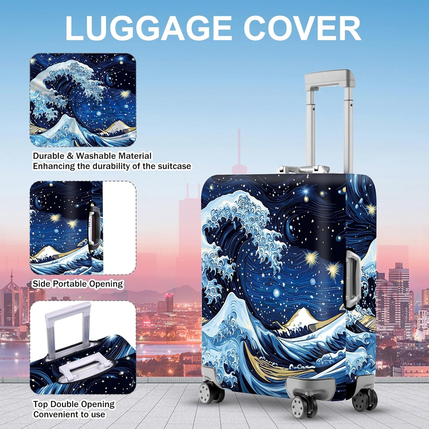 ANNA QUEEN Starry Ocean Wave Luggage Cover, Suitcase Protector with Artistic Van Gogh Style, Stretchable, Washable Travel Cover for 28-30 Inch Luggage