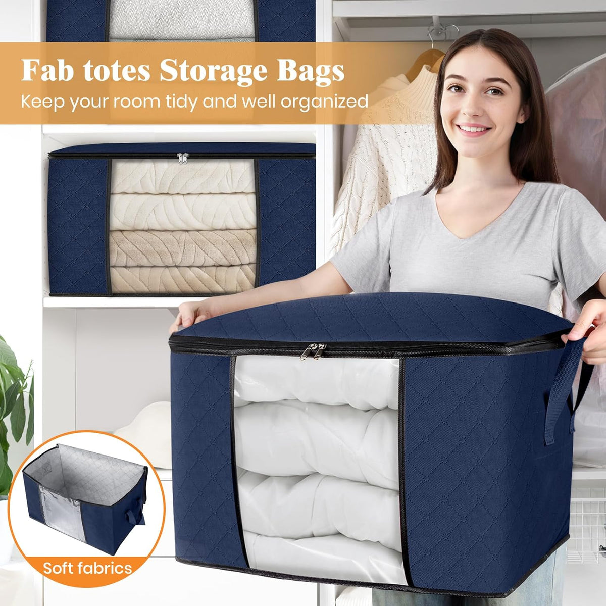 Fab totes 24 Gallons Clothes Storage, Foldable Thick Fabric Blanket Storage Bags, Containers for Organizing Bedroom, Closet, Clothing, Comforter, Organization with Handle (3 Pack,Blue)