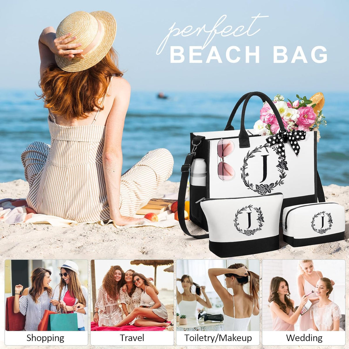 Personalized Mothers Day Gifts for Women, Initial Canvas Tote Bag & Makeup Bag Monogrammed Beach Tote Bag for Women w/Zipper, Birthday Gifts for Women Mom Her Girlfriend Wife Sister Friend Daughter